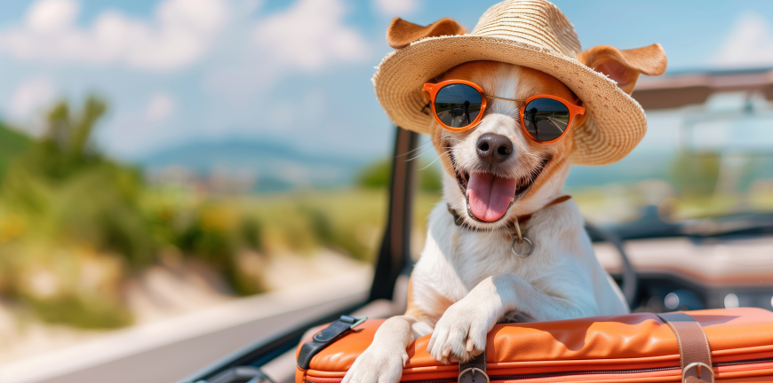 Cute Dog Goes On A Trip By Car With Suitcases. Concept Tourism, Vacation.